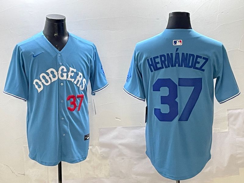 Men Los Angeles Dodgers 37 Hernandez Light Blue Joint Name 2025 Nike MLB Jersey style 8
